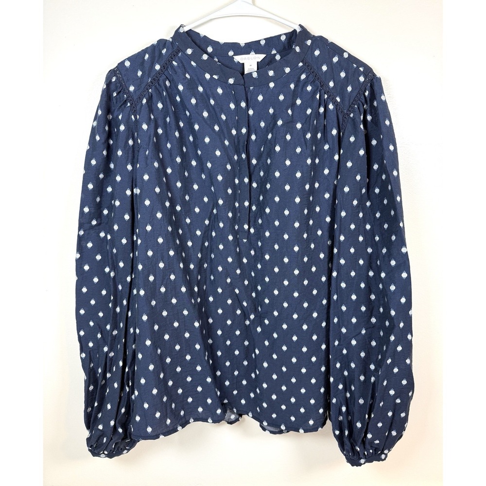 Caslon Women's Top Blouse Size 2X Career Lightweight Tencel Navy Blue Dots